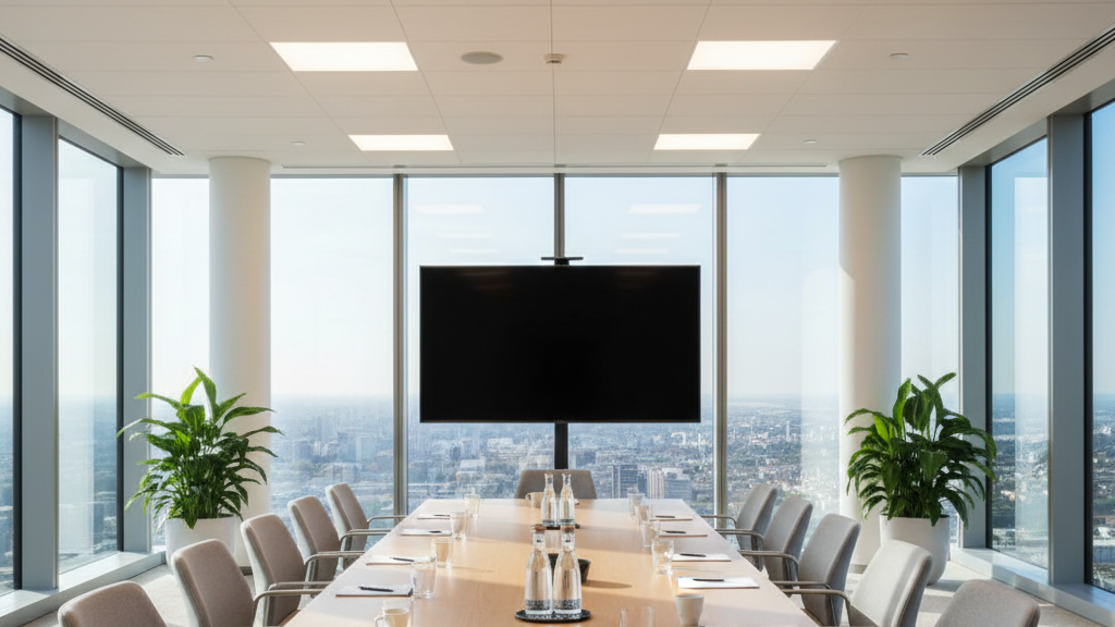 Split office cubicle — one side in-person, one side on video call